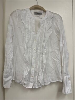 Basement White Ruffled Button-Front Women's Blouse Career Work Business Office